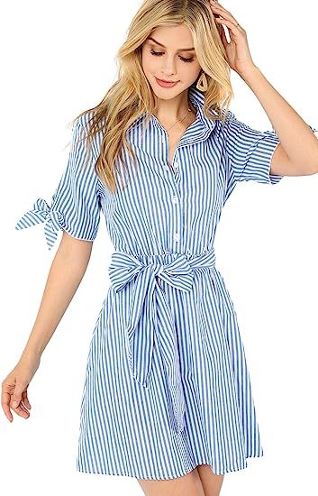 Romwe Women's Cute Striped Belted Button up Collar Summer Short Shirt Dress | Amazon (US)