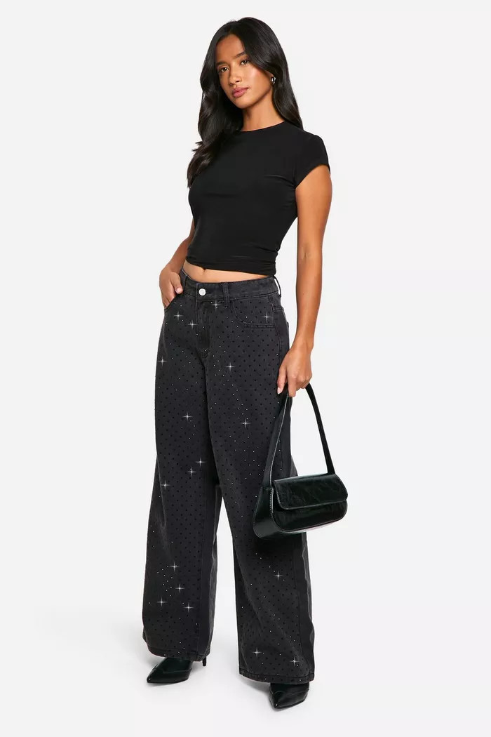 Petite Diamante Embellished Wide Leg Jean | boohoo (US & Canada)