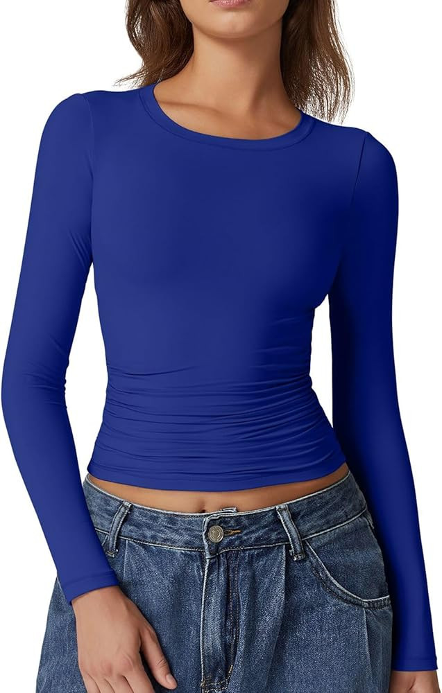 QINSEN Womens Crewneck Long Sleeve Shirt Double Lined Basic Tees Side Ruched Going Out Crop Tops | Amazon (US)