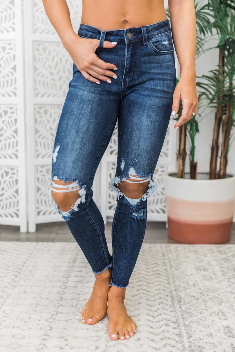 Carly Distressed Jeans Dark Wash | The Pink Lily Boutique
