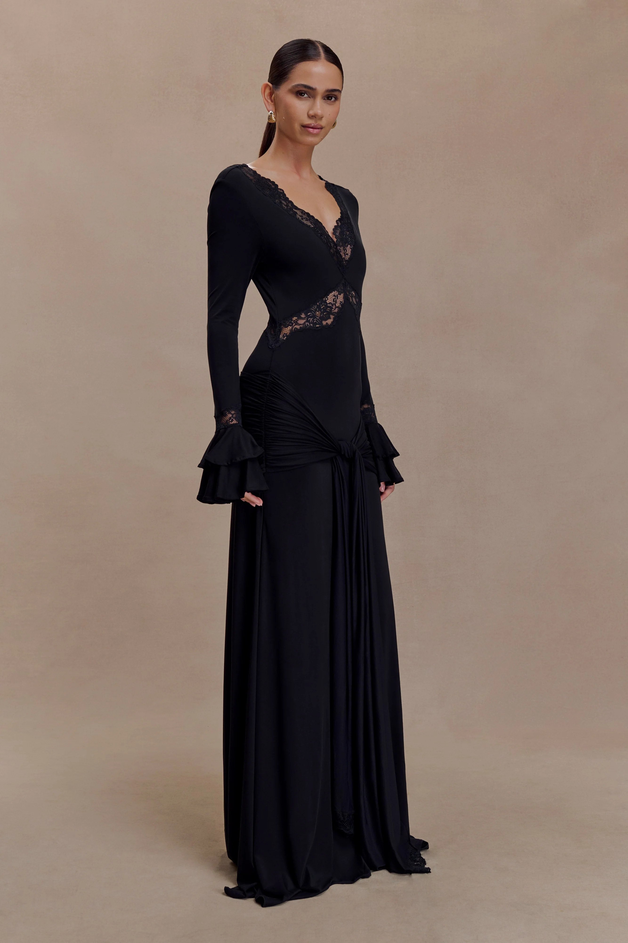 Electra Slinky Lace Maxi Dress - Black | MESHKI US