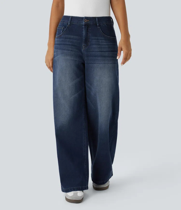 Women’s Halara Flex™ Low Rise Zipper Pockets Washed Baggy Wide Leg Casual Jeans - Halara | HALARA