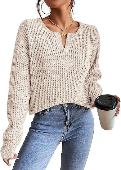 RICHSTORY Womens Sweaters Casual Drop Shoulder Long Sleeve V Neck Pullover Tops Trendy Fall Fashi... | Amazon (US)