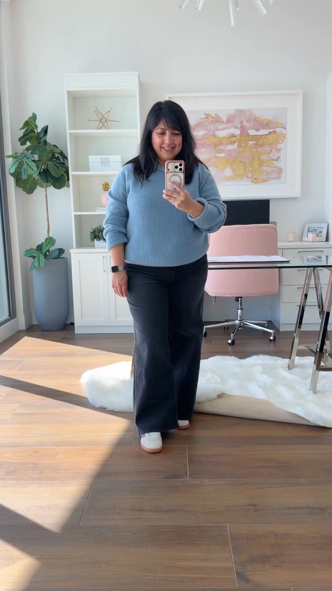 Early spring transition outfit for everyday wear. Loving these new wide leg jeans from Quince! So soft and stretchy and love that they come in different lengths so they work well for midsize petites and fit great! So comfortable! Wearing them here in Faded Black.

Quince cashmere sweater size large. Quince Bella wide leg jeans size 32 length 28. Adidas Spezial sneakers. Sizing is different so make sure you size down. I normally wear a women’s size 7.5 or 8 depending on the brand and I wear these shoes in a size 7. Kendra Scott necklace. 

#LTKPetite #LTKMidsize #LTKOver40