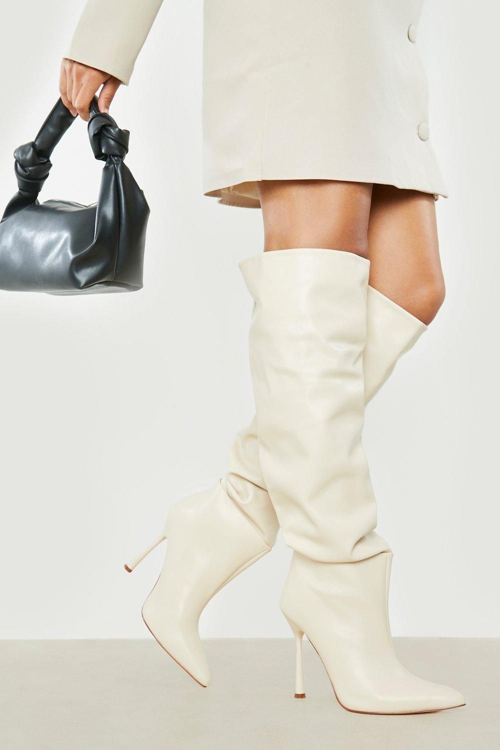 Womens Slouchy Pointed Toe Knee High Boots - Beige - 8 | Boohoo.com (US & CA)