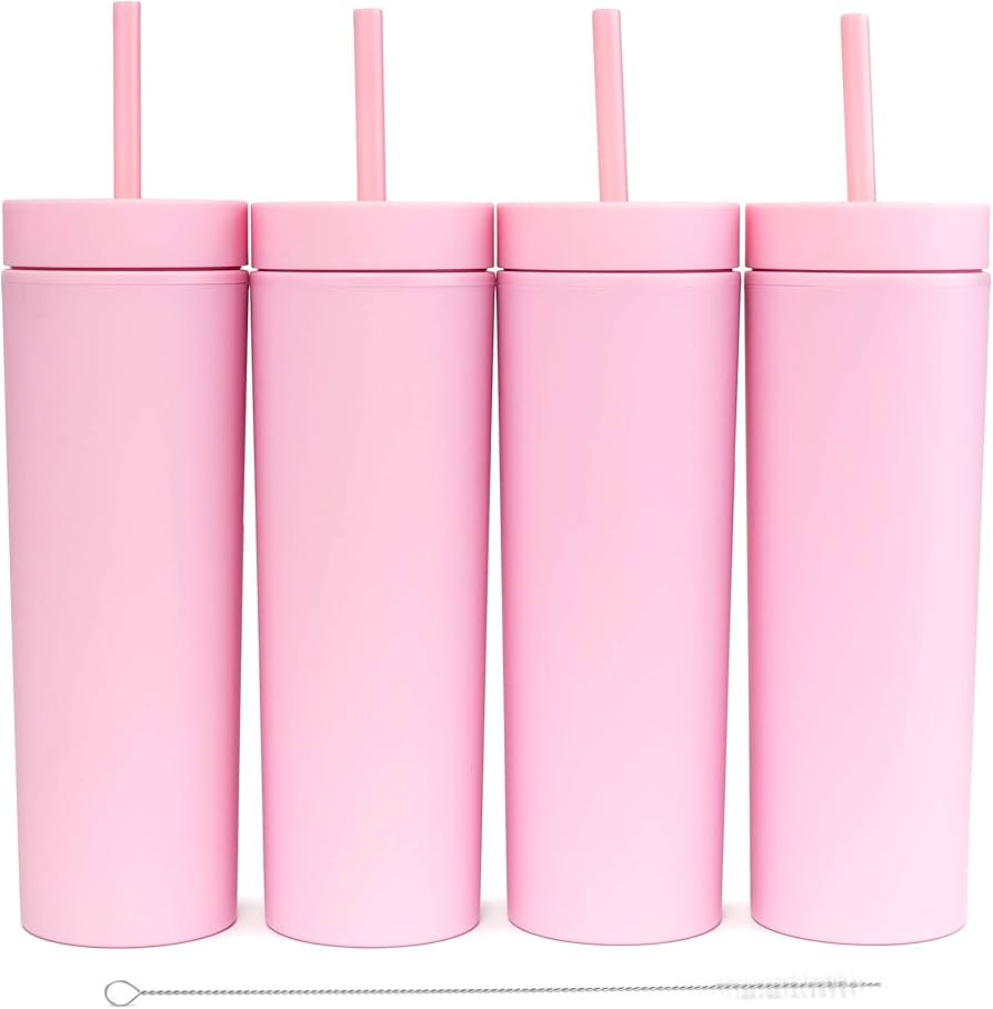 STRATA CUPS SKINNY TUMBLERS (4 pack) 16oz Matte Pink Colored Acrylic Tumblers with Lids and Straw... | Amazon (US)