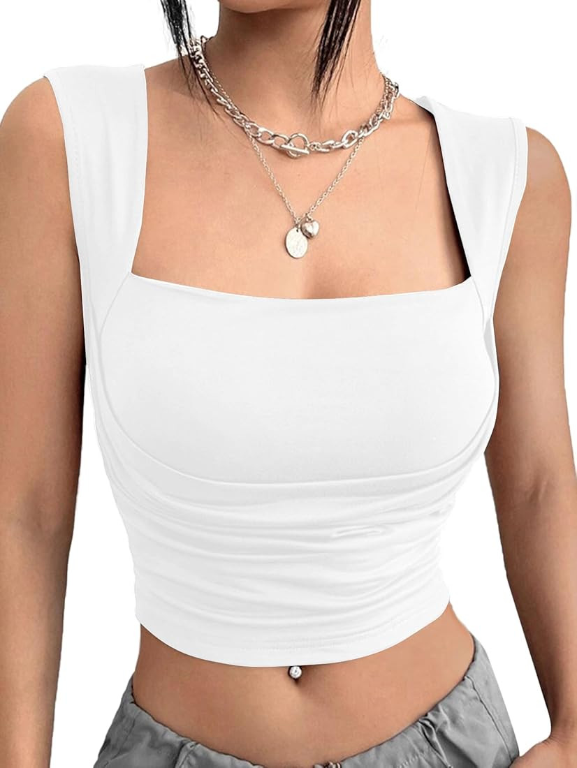 OPOIPIN Women's Sexy Square Neck Pleated Ruched Sleeveless Slim Fit Solid Crop Top Shirt | Amazon (US)
