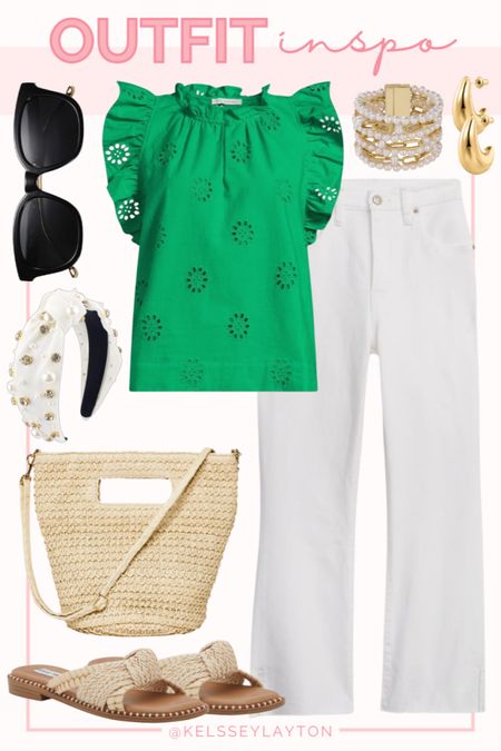 Outfit idea, spring outfit, Walmart outfit, Walmart fashion, green eyelet top, white jeans, sandals, Target bag

#LTKfindsunder50 #LTKsalealert #LTKstyletip