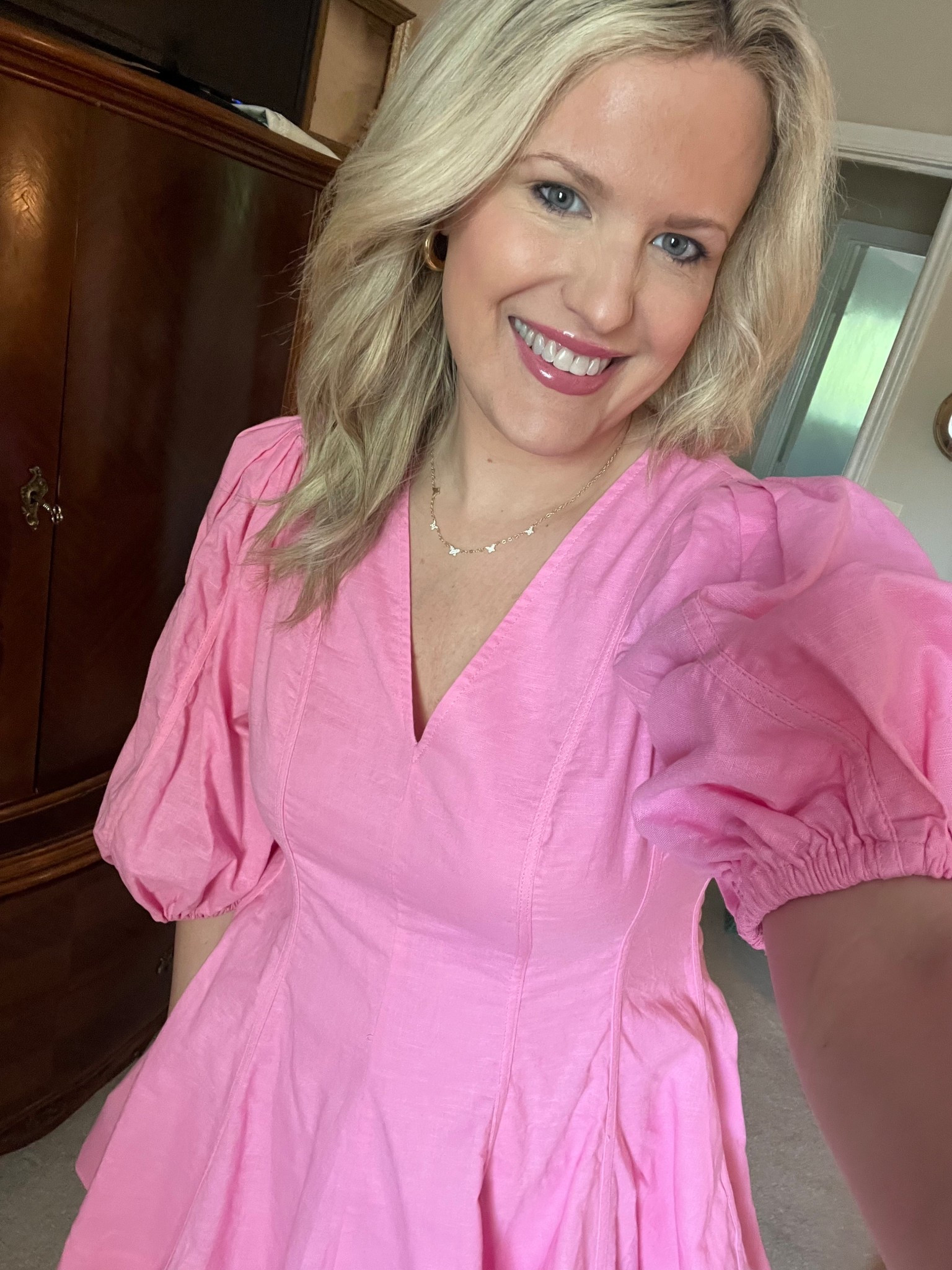 Pink dress 
Mother’s Day dress 
Spring dress 
Puff sleeve dress 
Wedding guest dress 

#LTKWedding #LTKMidsize #LTKSeasonal