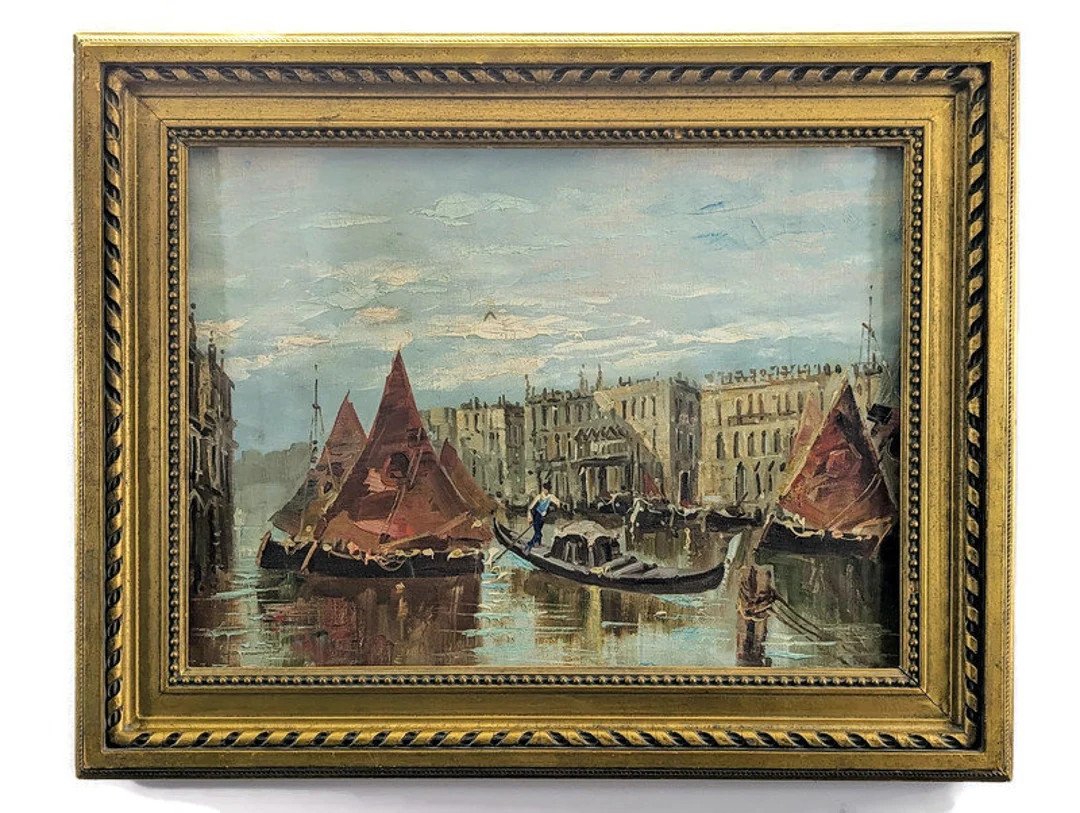Mid Century Italian Oil Painting of a Waterway in Wooden Frame - Etsy | Etsy (US)