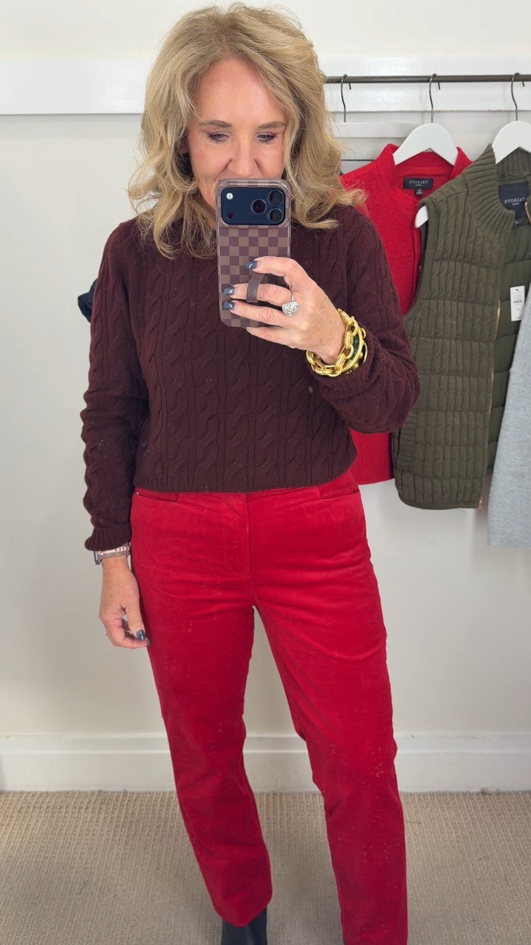 I love the red and burgandy together
Sweater is cashmere wearing size large
Velvet pants size 8 petite they are full length I turned them under a little bit. They’re really a great pant and they’ll be so fun to wear all winter long.
Black leather pointed toe boots are on sale
