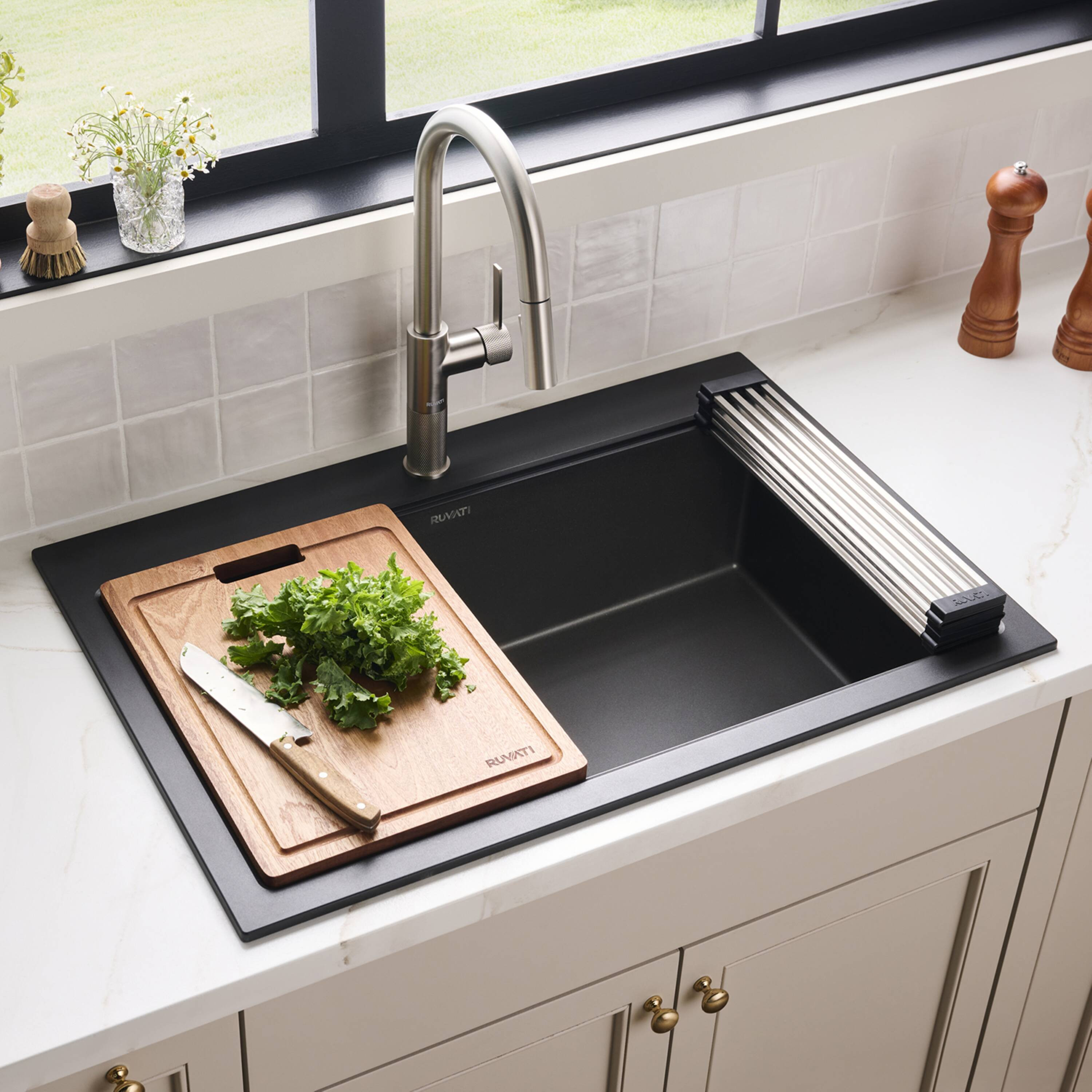 Ruvati epiGranite Drop-in 33-in x 22-in Granite Single bowl Workstation Kitchen Sink Stainless Steel one_size in Black | RVG1303BK | Lowe's
