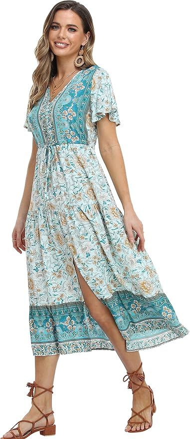 VintageClothing Women's Summer Dresses Casual Bohemian Midi Dress Flowy Beach Party Dress with Sp... | Amazon (US)
