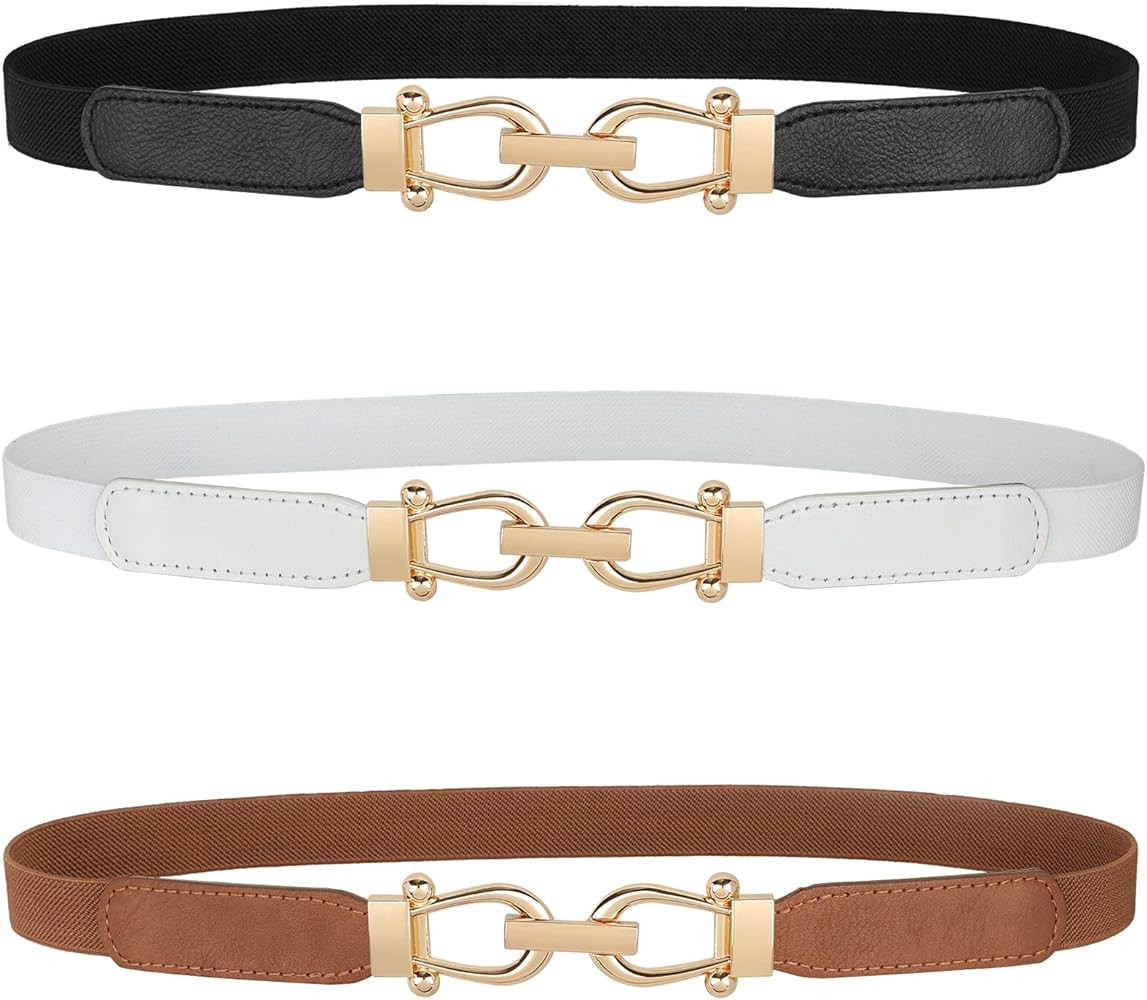 JASGOOD Women Skinny Elastic Belt for Dresses,Thin Retro Stretch Waist Belt with Golden Buckle | Amazon (US)