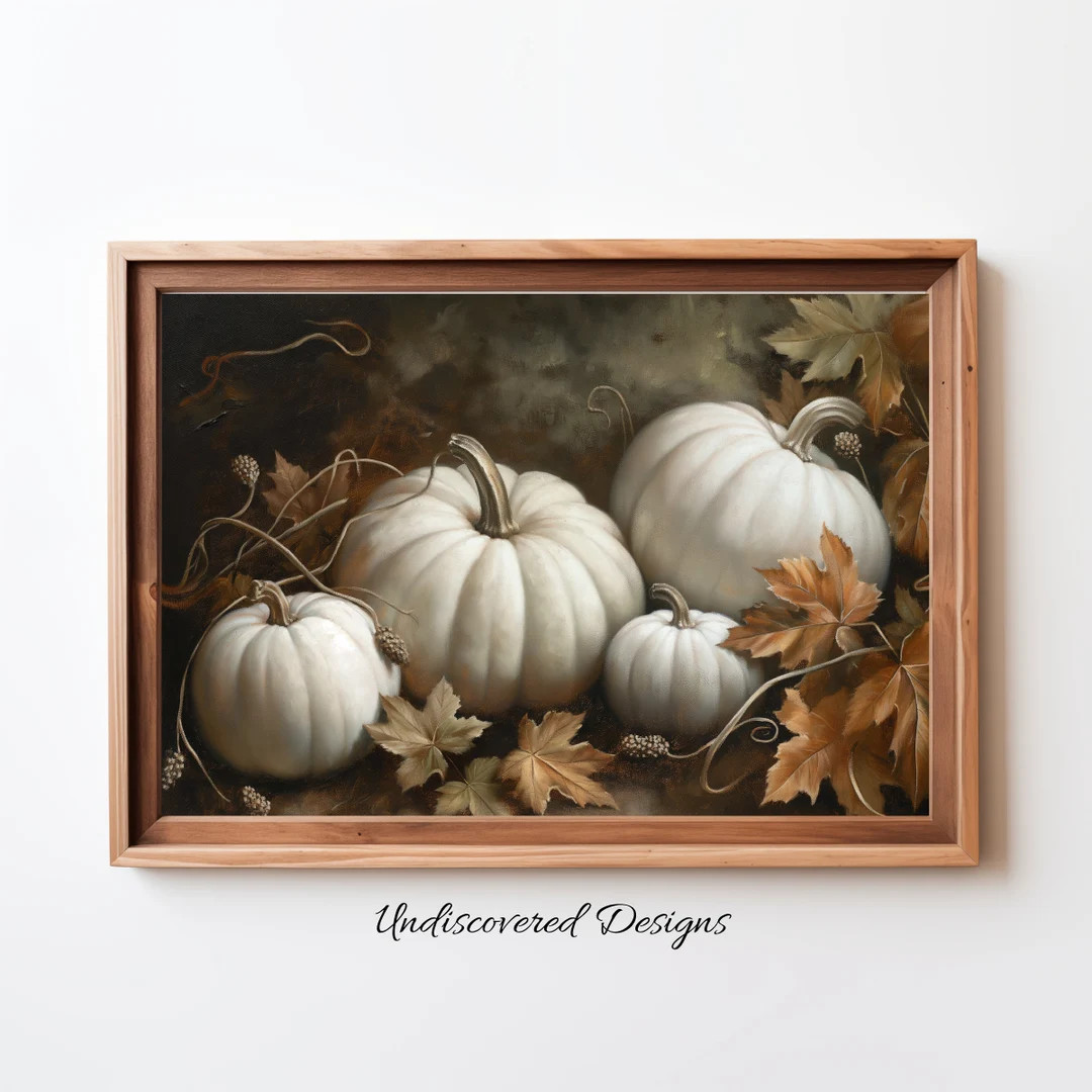 Printable Fall White Pumpkins Still Life Painting Rustic Fall Art Vintage Autumn Wall Print Hallo... | Etsy (US)