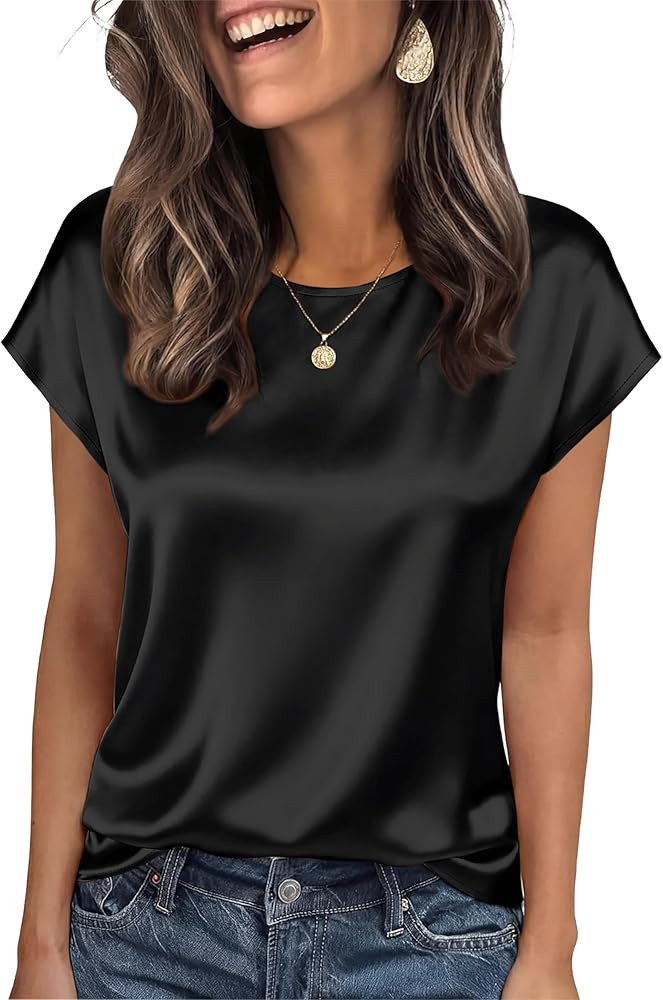 OFEEFAN Women Silk Satin Tops Summer Cap Short Sleeve Blouse Crew Neck Shirts Business Casual Fas... | Amazon (US)