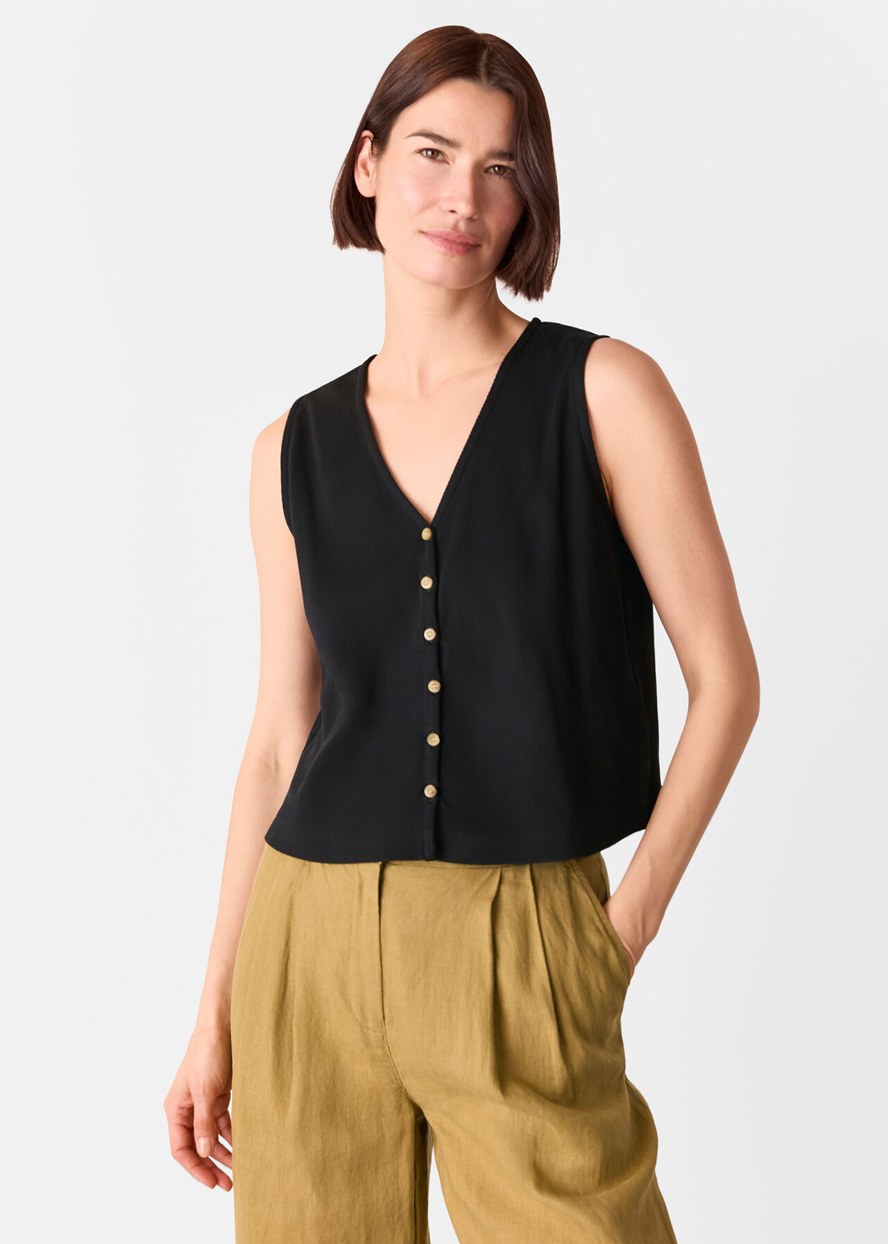 Black Button Rib Tank | WHISTLES | Whistles UK | | Whistles