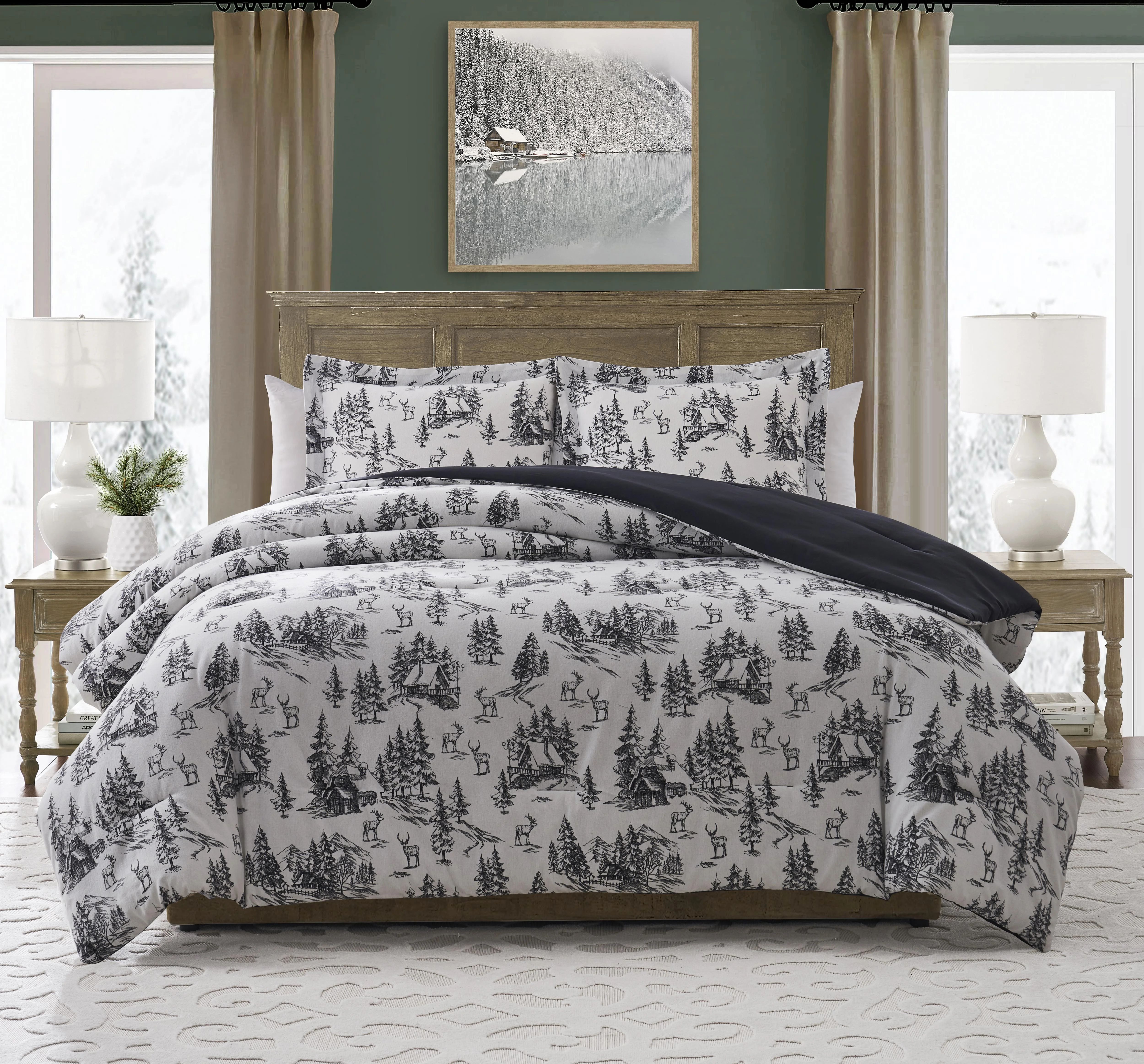 My Texas House Norwich Forest 3-Piece Ivory/Black Cotton Flannel Comforter Set, Full/Queen | Walmart (US)