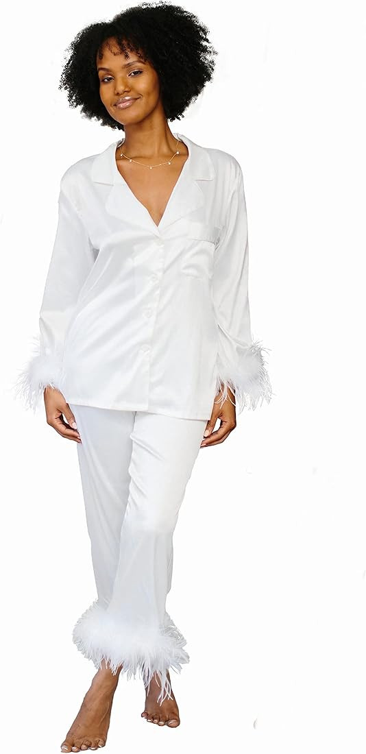 Belle's Design Women's Feather Trim Silk Satin Pajama Button Down Long Sleeve and Pants Set Sleep... | Amazon (US)