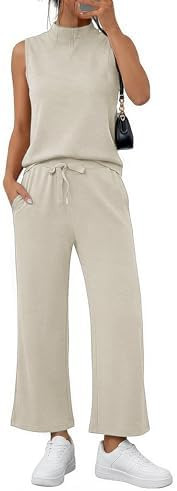 Casly Lamiit Womens 2 Piece Sets Sleeveless Mock Neck Summer Lounge Sets Wide Leg Crop Pants 2026... | Amazon (US)