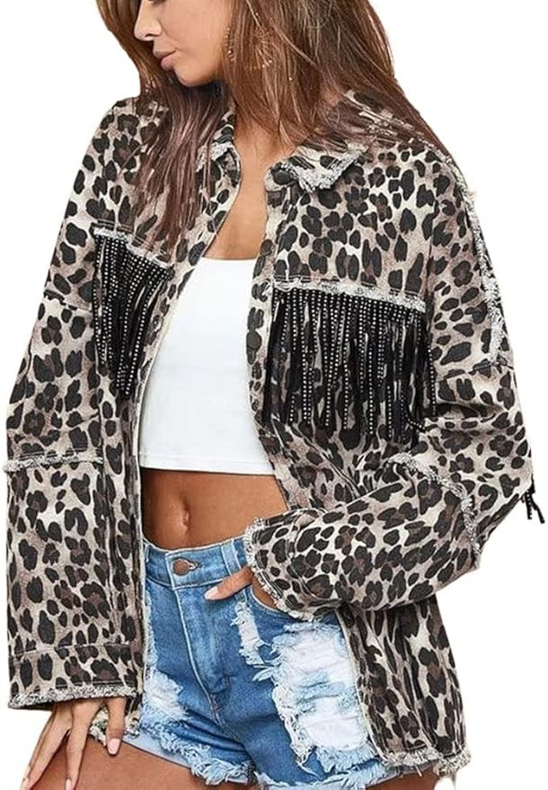 chouyatou Women's Washed Leopard Print Jean Jacket Fringe Button Down Denim Shacket Jacket | Amazon (US)