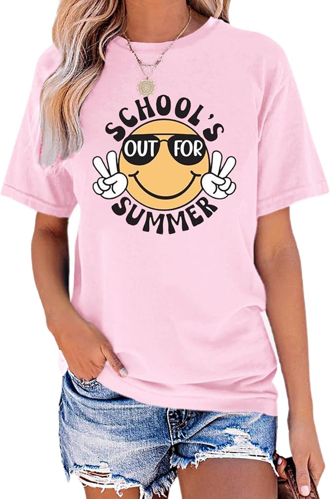 Womens Last Day of School Teacher Shirt School Day Gifts Funny Teacher Summer Break Graphic T-Shi... | Amazon (US)
