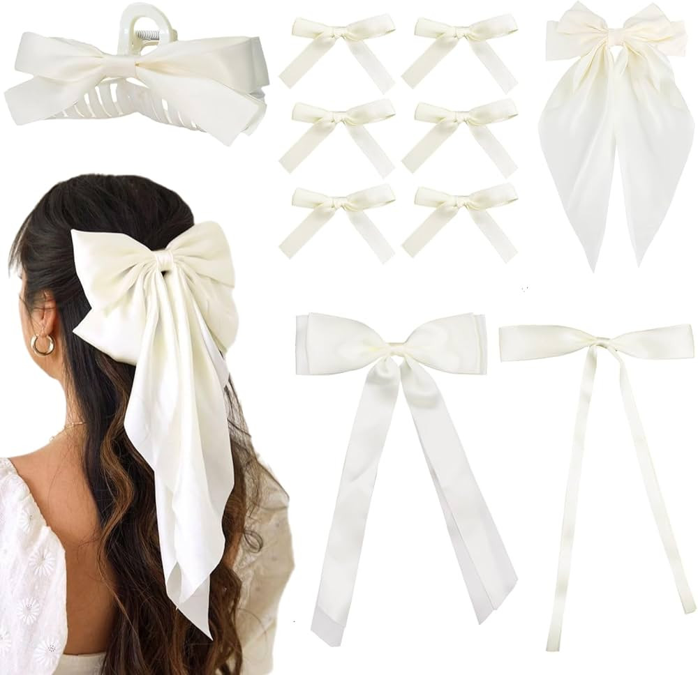 10PCS Silk Satin Hair Bows Hair Clip Long White Hair Ribbon Bow Hair Bow Clips Variety Style for ... | Amazon (US)