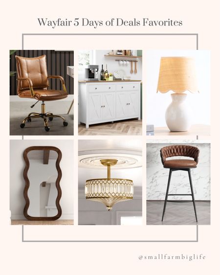 Wayfair 5 Days of Deals Favorites. Leather office chair with padded arms in cognac and brass. Kitchen sideboard coffee station. Swivel tall bar stools. Mini lamp with scalloped lamp shade. Carved crystal brass semi flush light fixture. Full length wood scalloped mirror  

#LTKsalealert #LTKstyletip #LTKhome