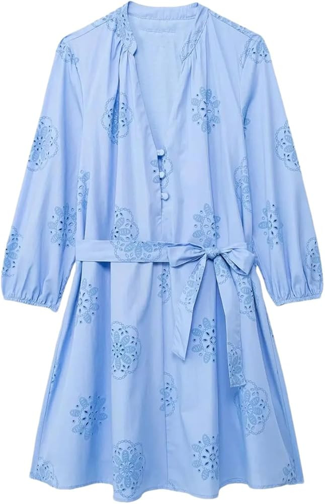 Women Embroidery Short Dresses Pleated Summer Dress Puff Sleeve Mini Dress Party Dresses | Amazon (US)