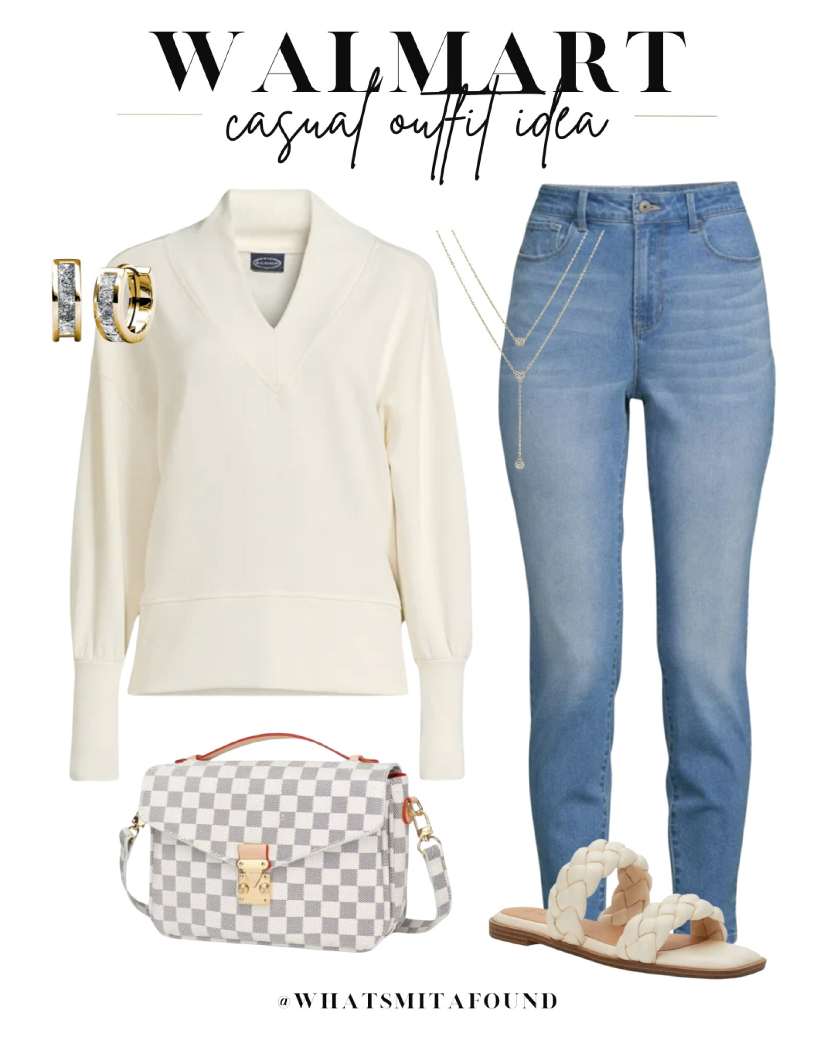 #walmartpartner @Walmart outfit idea, casual outfit idea, spring outfit idea, pullover sweatshirt, v neck sweatshirt, trendy pullover, trendy sweatshirt, scuba sweatshirt, high waisted jeans, skinny jeans, medium wash skinny jeans, woven sandals, white sandals, trendy sandals, spring sandals, designer inspired purse, checkered purse, white checkered purse, crossbody purse, layered necklaces, huggie hoops 

#LTKitbag #LTKfindsunder50 #LTKshoecrush