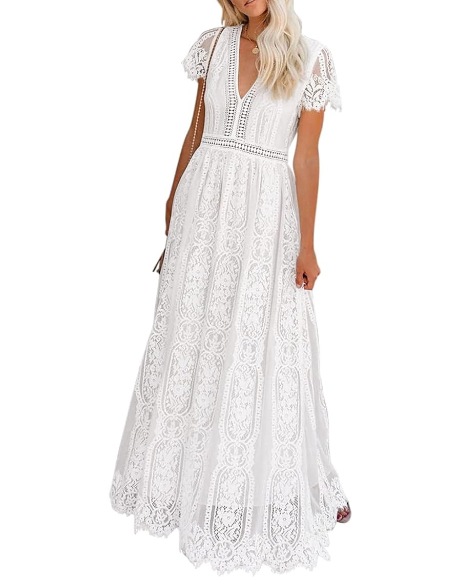 MEROKEETY Women's V Neck Short Sleeve Floral Lace Wedding Dress Bridesmaid Cocktail Party Maxi Dr... | Amazon (US)