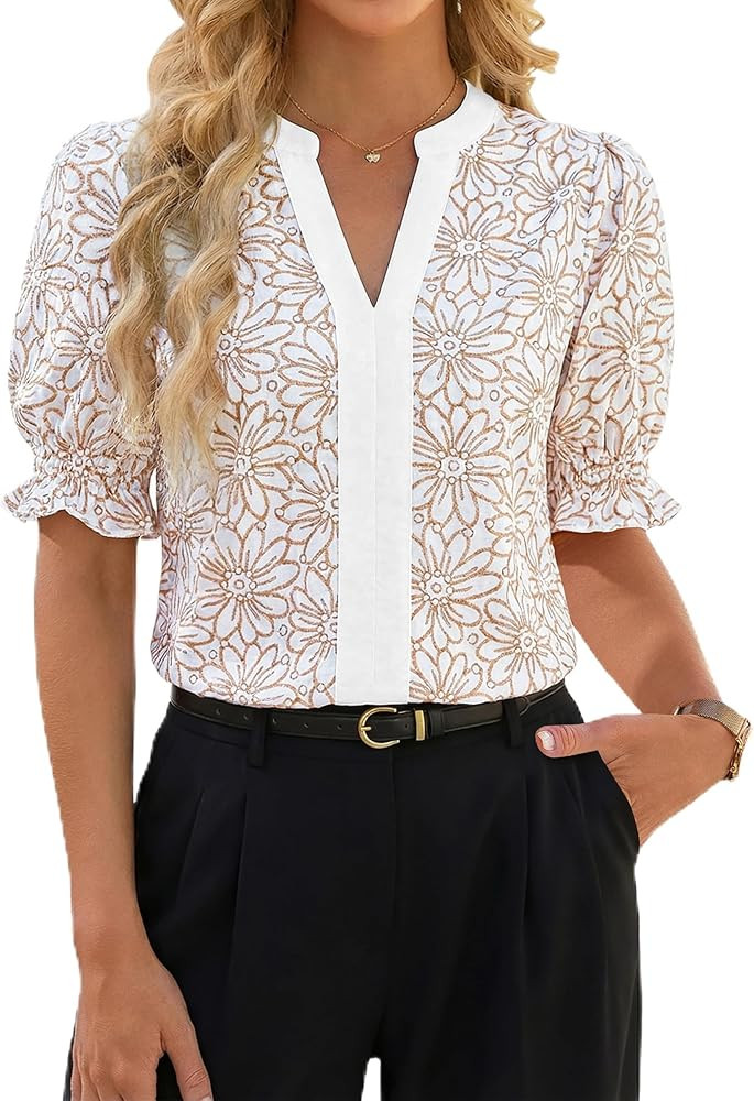 Blooming Jelly Women Puff Ruffled Sleeves Dressy Casual Blouses Floral Print V Neck Tops Color Bl... | Amazon (US)