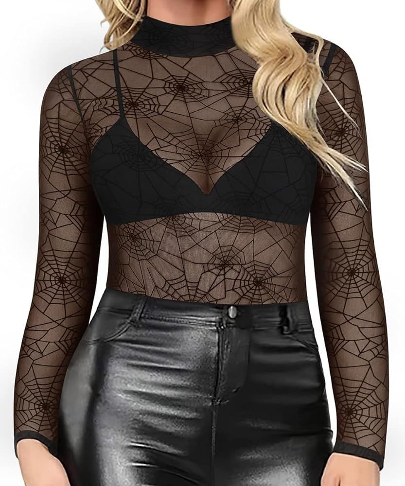 CARCOS Women's Mesh Tops Plus Size See Through Sheer Tops Crewneck Sexy Clubwear XL-5XL | Amazon (US)