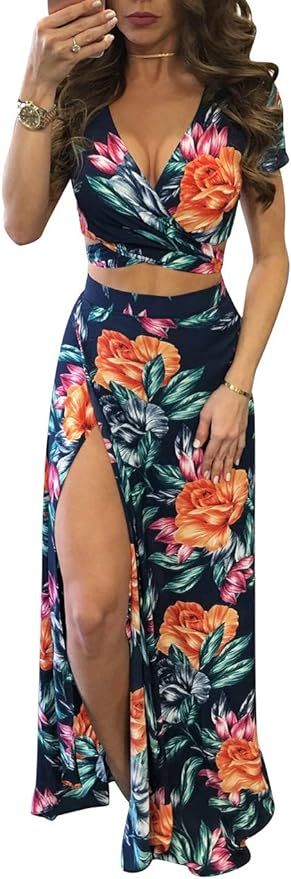 WOKANSE Women's Sexy 2 Piece Outfits Clubwear Summer Chiffon Dress Floral Short Sleevel Crop Tops... | Amazon (US)