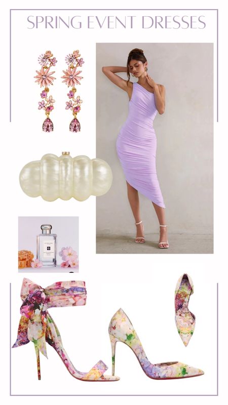 I am loving this ruched lilac dress for a spring wedding! Paired with floral earrings, a pearl clutch, spring Jo Malone perfume, and floral Louboutins! Perfect garden party look, wedding guest dress, and more! 

#LTKwedding #LTKitbag #LTKSeasonal