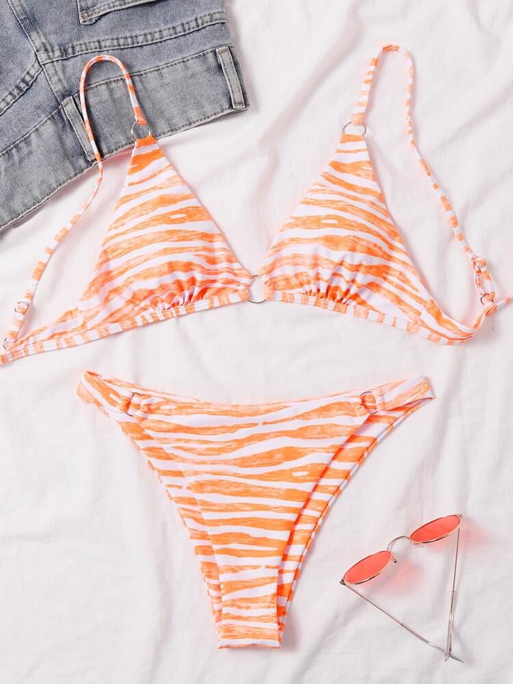Stripe Print Tie Back Triangle Bikini Swimsuit | SHEIN