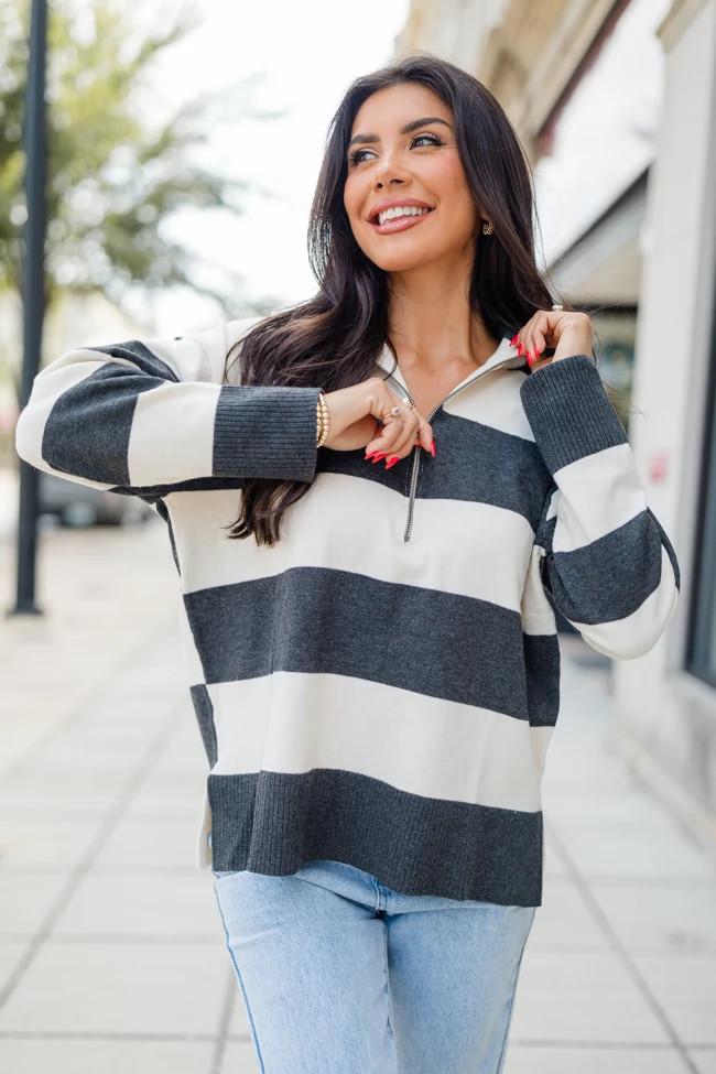 Moment In Time Charcoal Striped Quarter Zip Pullover | Pink Lily