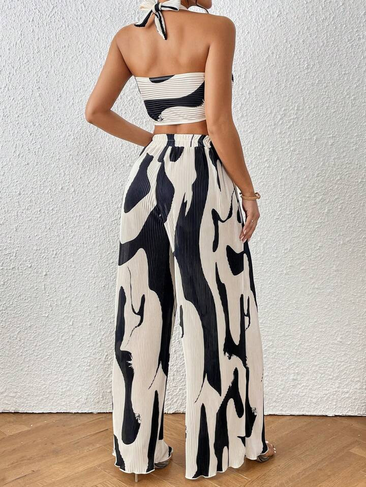 SHEIN Privé Graphic Print Halter Top & Wide Leg Pants | SHEIN