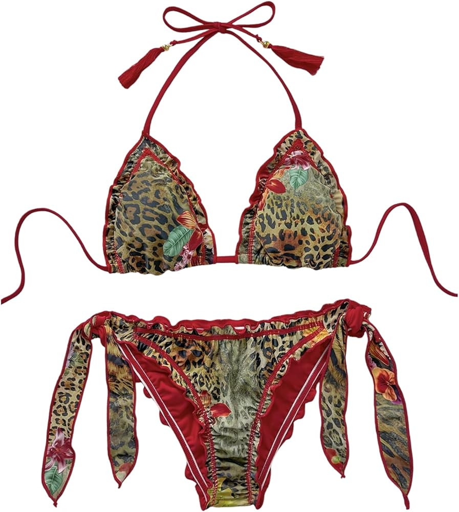 Verdusa Women's Plus Size 2 Piece Leopard Print Halter Bikini Set Ruffle Triangle Swimsuits Bikin... | Amazon (US)
