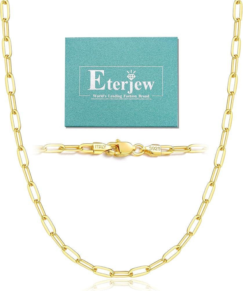 18K Gold Plated and 925 Sterling Silver Paperclip Chain Necklace for Women, 3mm 4mm Women's Chain... | Amazon (US)