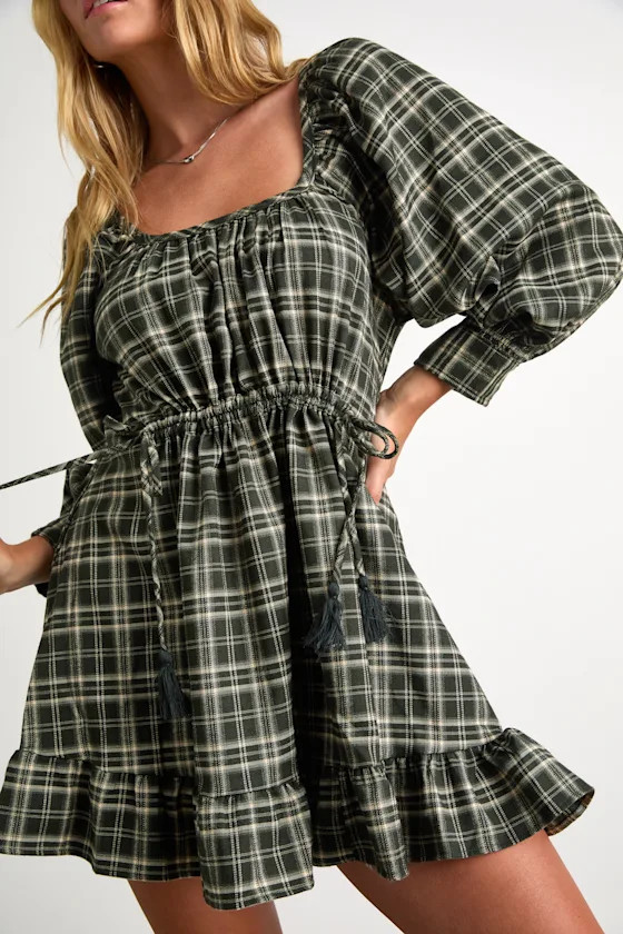 Autumn Perfection Green Plaid Mini Dress With Pockets | Lulus