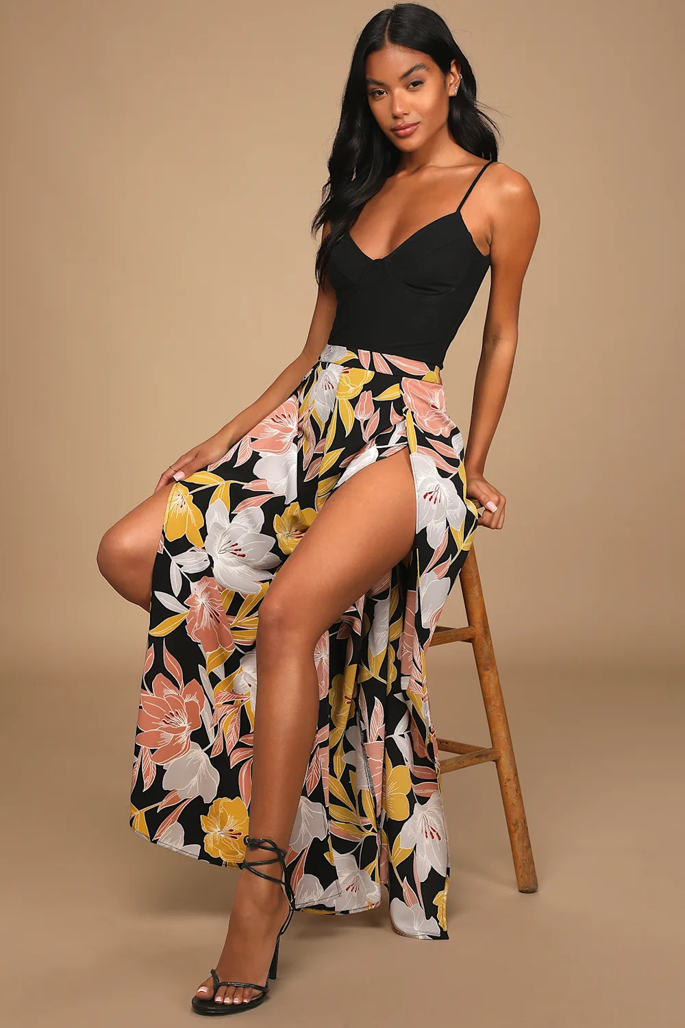 Blissful Vacay Black Floral Print Side Slit Pants | Lulus (US)