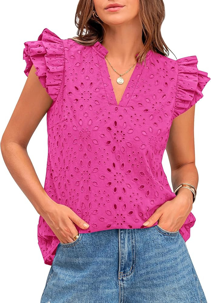 BTFBM Women Summer Eyelet Tops Dressy Casual V Neck Ruffle Cap Sleeve Cotton Boho Shirts Lace Emb... | Amazon (US)