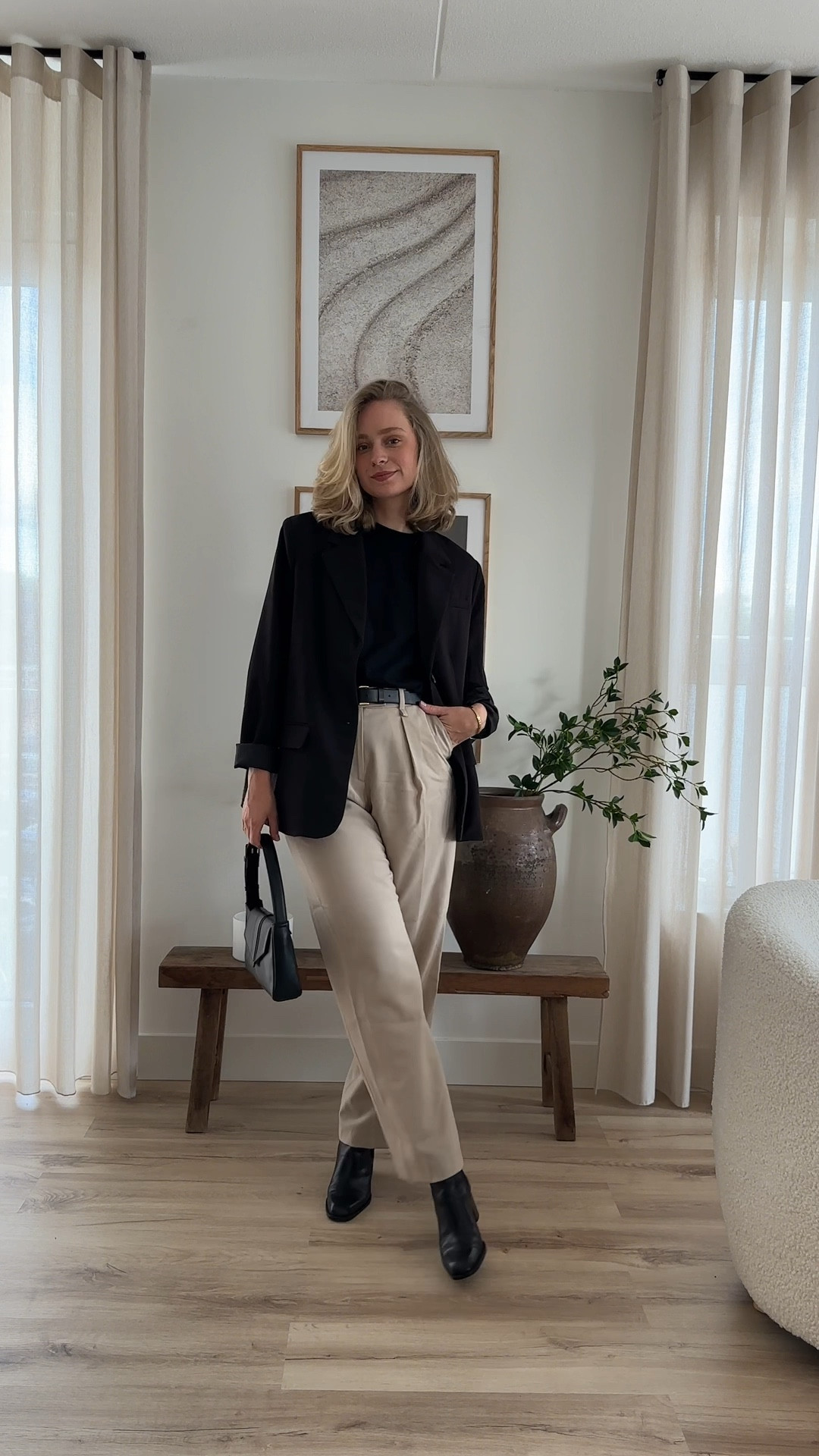 Beige wool trousers, black t-shirt, black oversized blazer and a black bag with black heeled boots 🖤

#LTKfindsunder100 #LTKworkwear #LTKstyletip