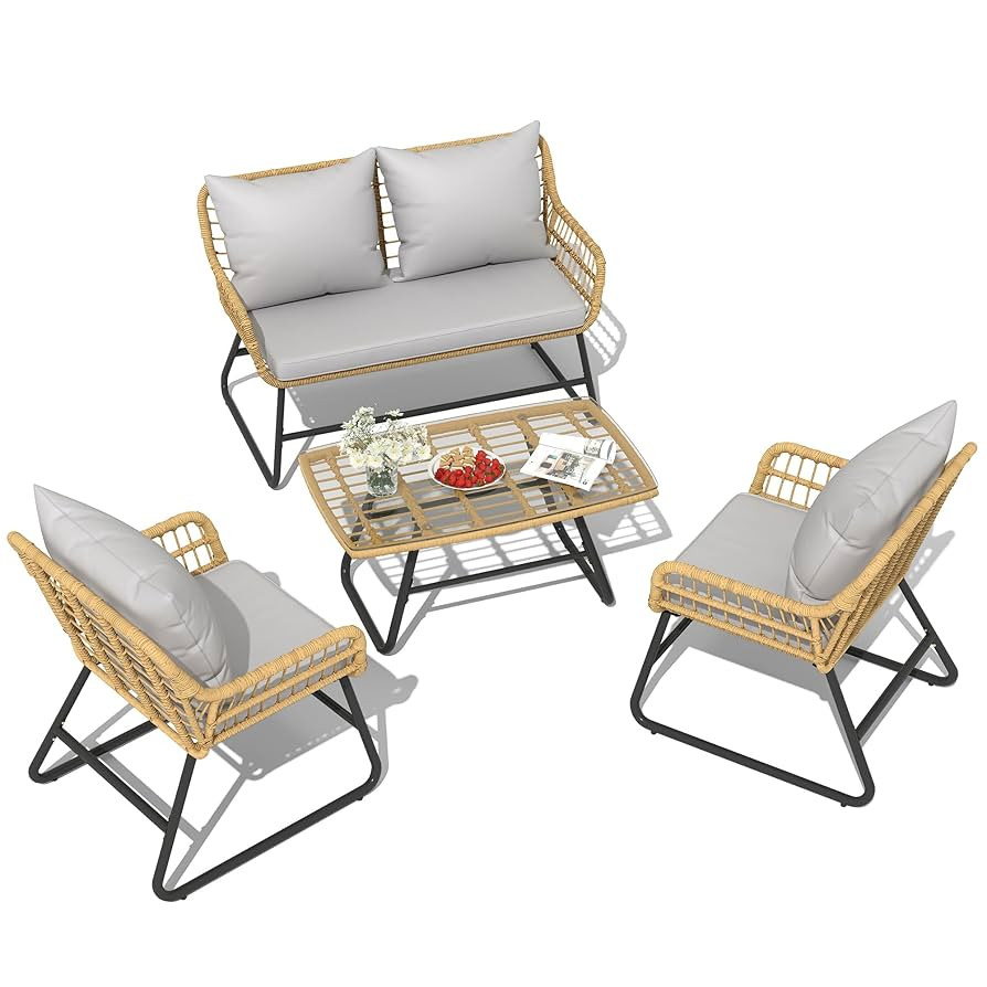 YITAHOME Outdoor Conversation Set 4 Piece, Outdoor Wicker Bistro Set with Removable Cushion, Ratt... | Amazon (US)