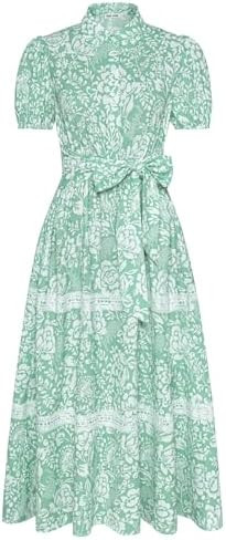 GRACE KARIN Women's 2026 Summer Floral Flowy Dresses Boho Tie Belt Short Puff Sleeve A Line Maxi ... | Amazon (US)