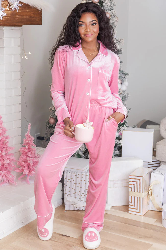 Asking Again Pink Velvet Button Front Lounge Top | Pink Lily