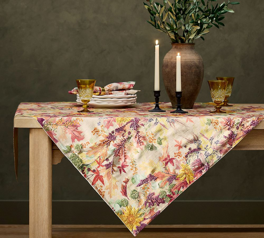 Fall Botanical Embroidered Cotton Table Throw | Pottery Barn (US)