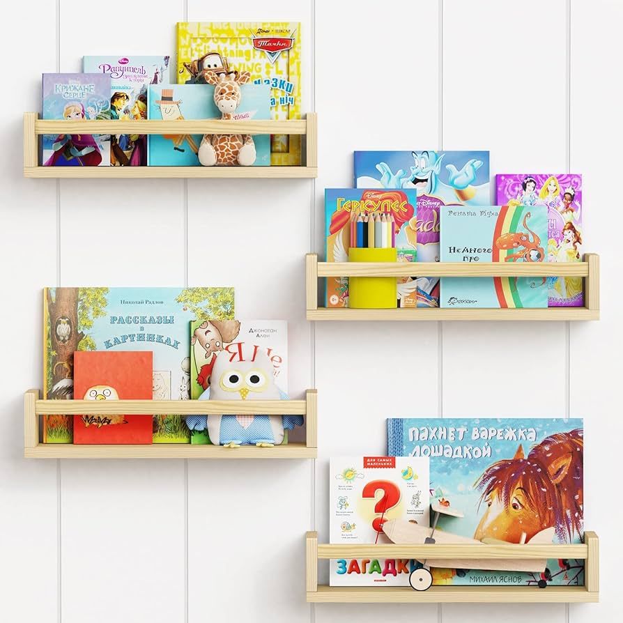 Forbena Natural Wood Nursery Book Shelves Wall Mounted, Floating Bookshelf for Kids Room, Toys an... | Amazon (US)