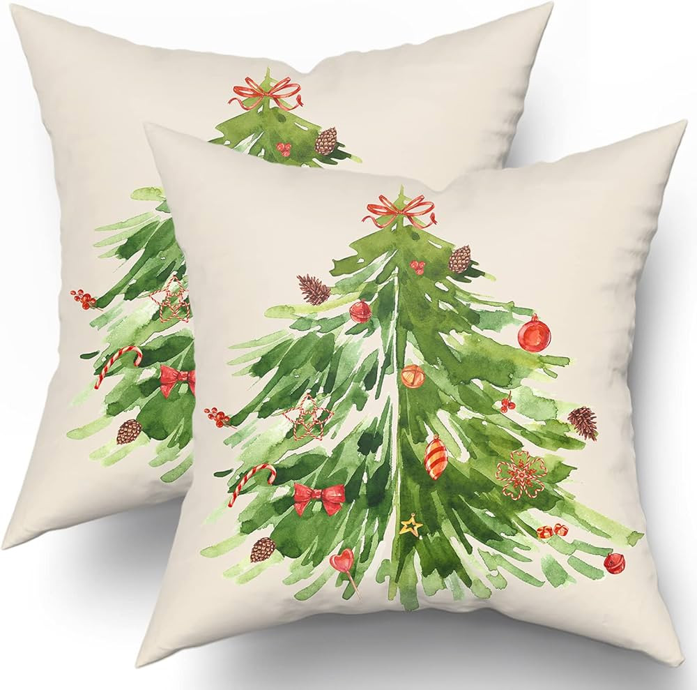 Watercolor Christmas Tree Pillow Covers 18X18 In Green Xmas Tree Decorative Pillow Cases with Zip... | Amazon (US)
